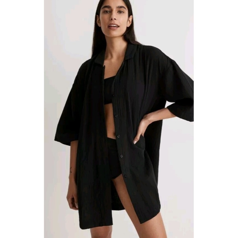 MADEWELL Crinkle Cotton Cover Up Mini Shirtdress Button Front Black Oversize XXS